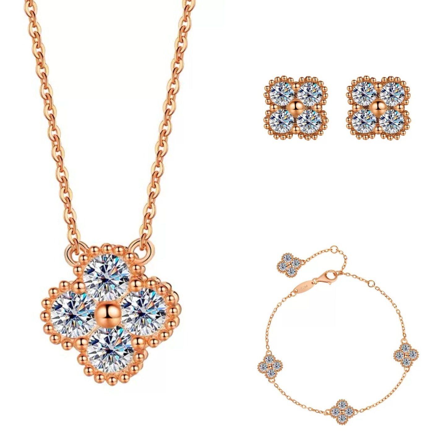 Moissanite Dainty Clover Necklace Bracelet Earrings