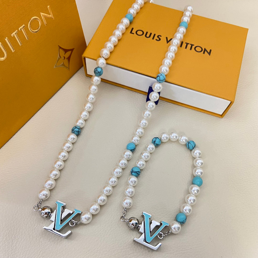 LV Pearl Blue Bead Bracelet Necklace