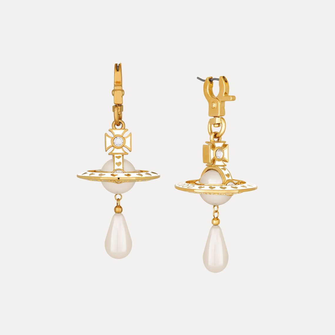 Gold earrings with pearl drops on a white background