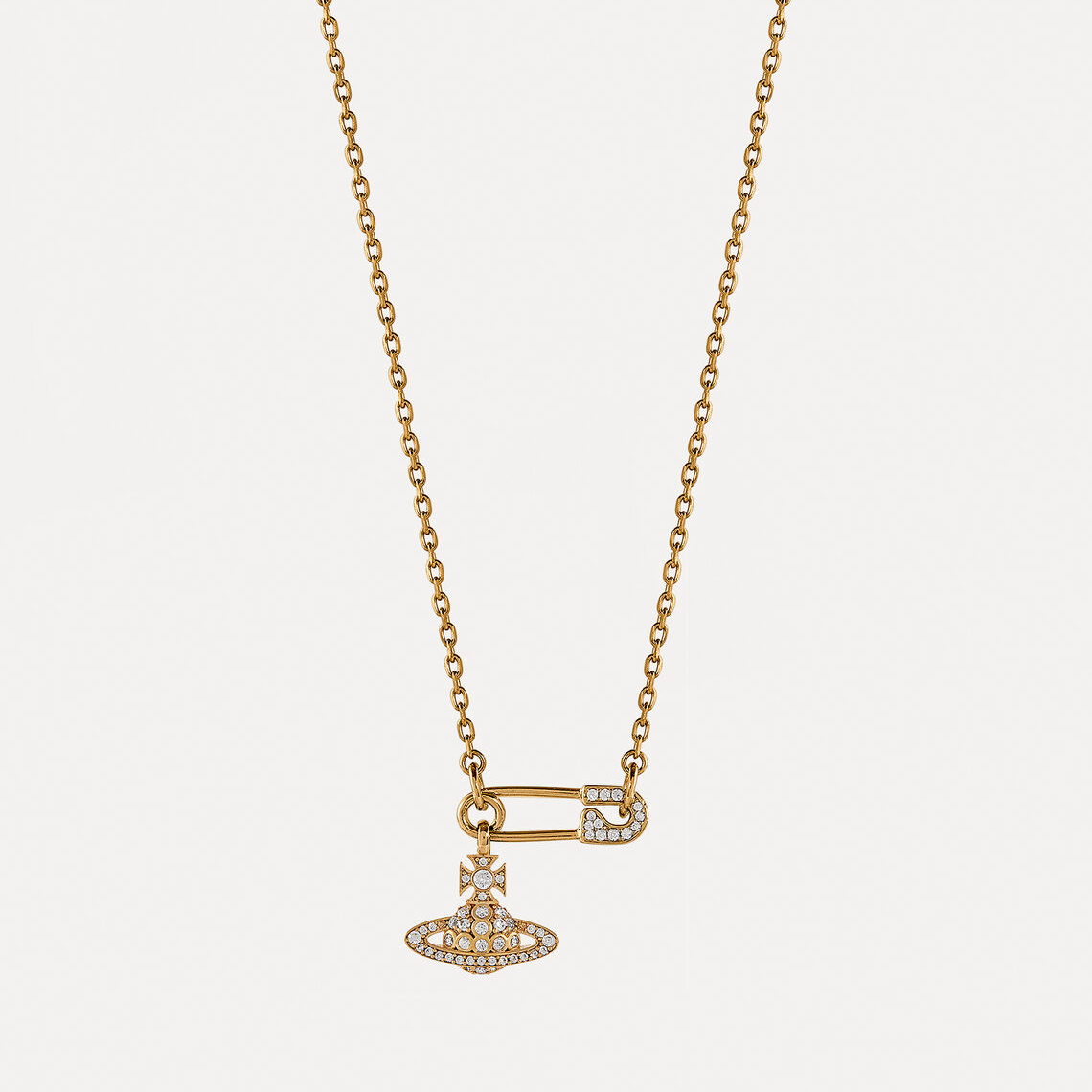 Gold necklace with a pendant on a white background