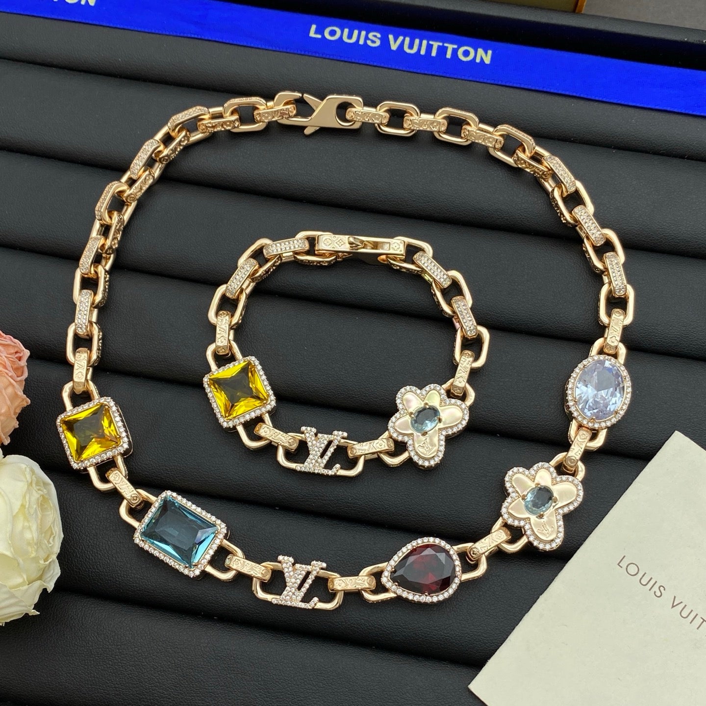 LV Diamond Cuban Chain Necklace Bracelet