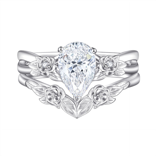 1.5CT Moissanite Flower Teardrop Ring Set