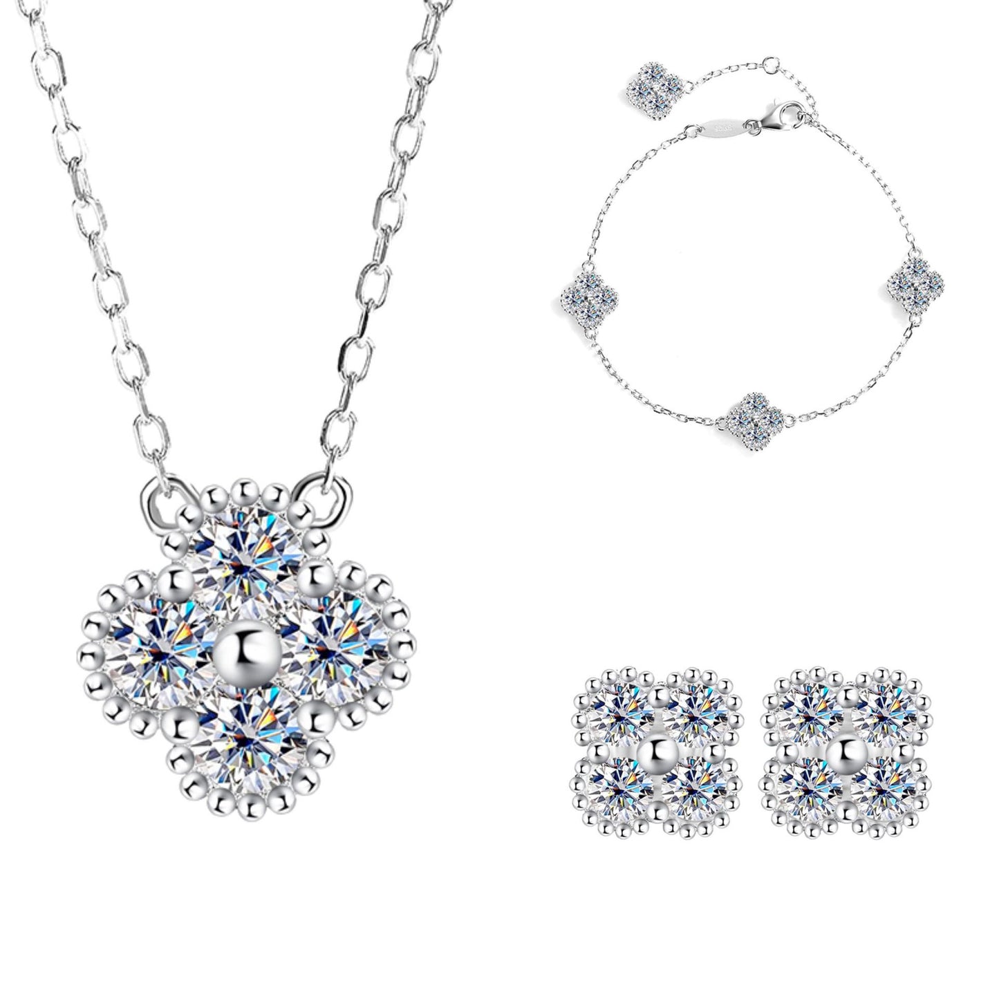 Moissanite Dainty Clover Necklace Bracelet Earrings