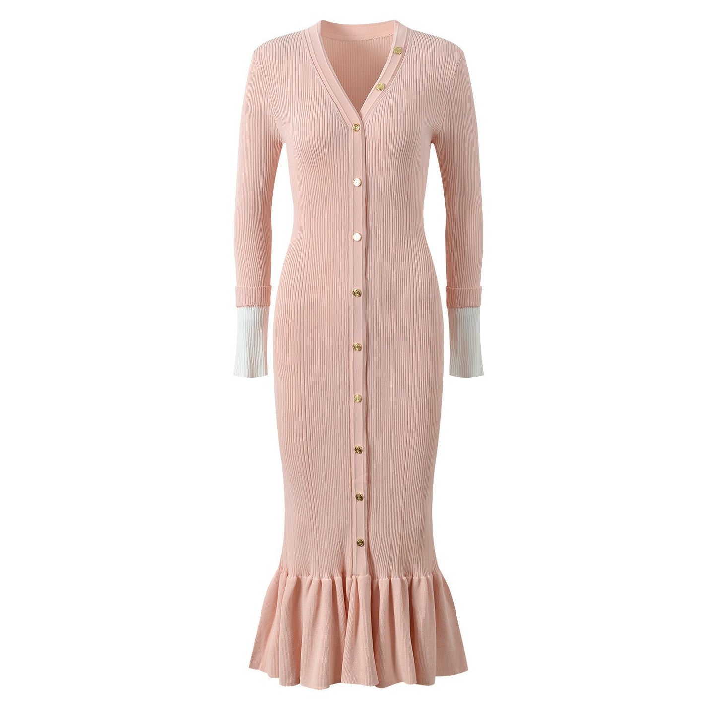 Sandro Elegant V-Neck Mermaid Knit Dress with Button Detail