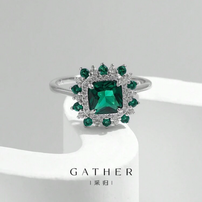 [#Green Zirconia Ring] 925 Sterling Silver Retro Elegant Square Corolla Green Zirconia Finger Rings For Women Party Fine Cocktail Jewelry