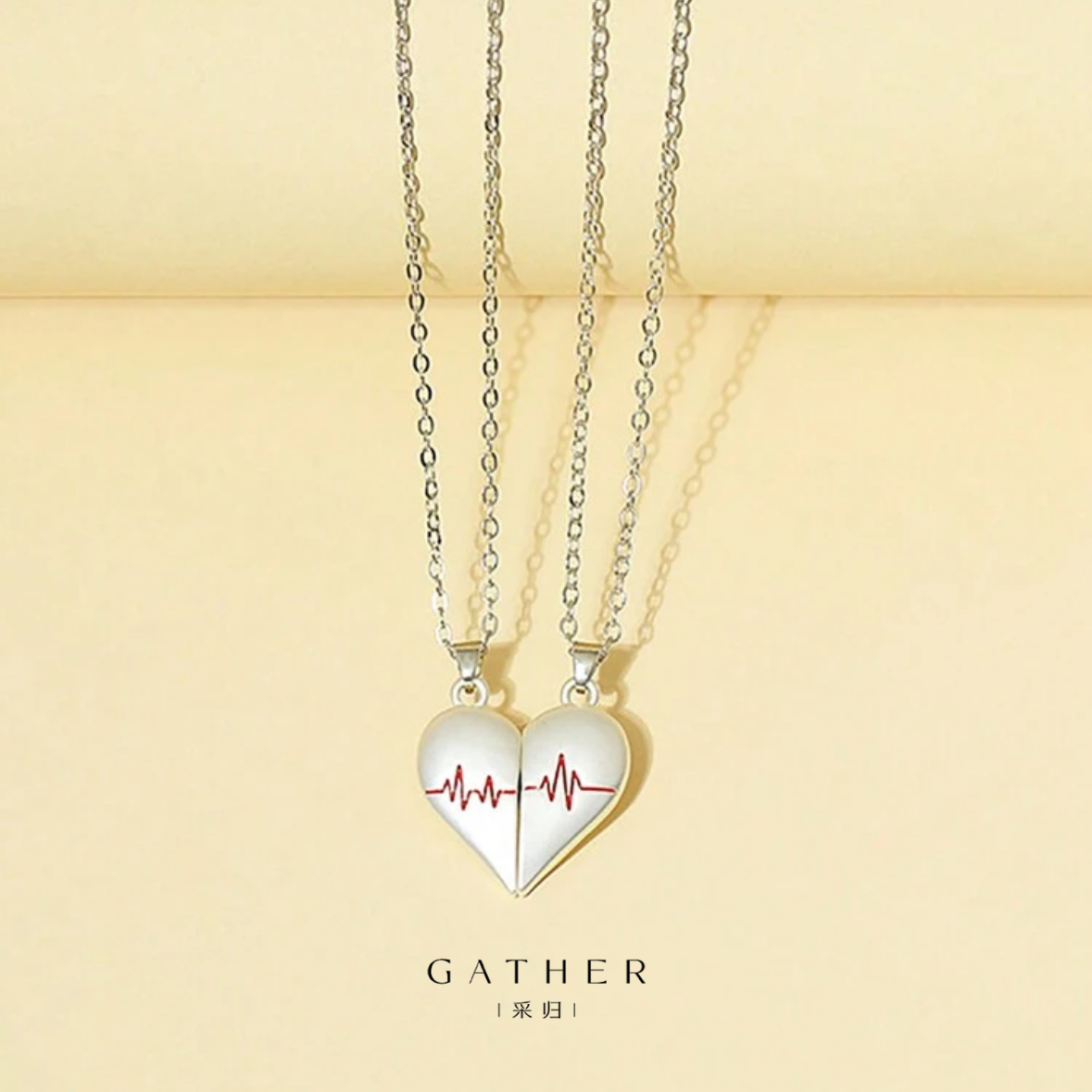 [#Heart Necklace Set] 2pcs Minimalist Magnetic Electrocardiogram Heart Necklace Set, Couple & Friendship Gift Jewelry Valentines