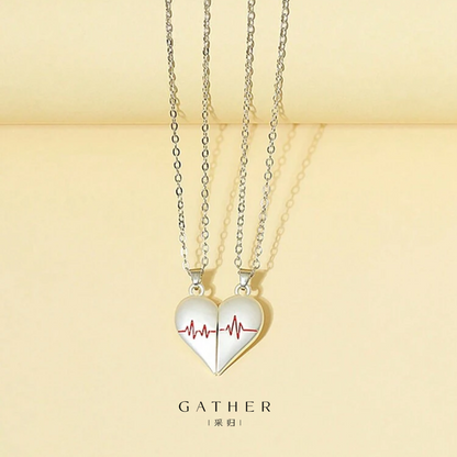 [#Heart Necklace Set] 2pcs Minimalist Magnetic Electrocardiogram Heart Necklace Set, Couple & Friendship Gift Jewelry Valentines