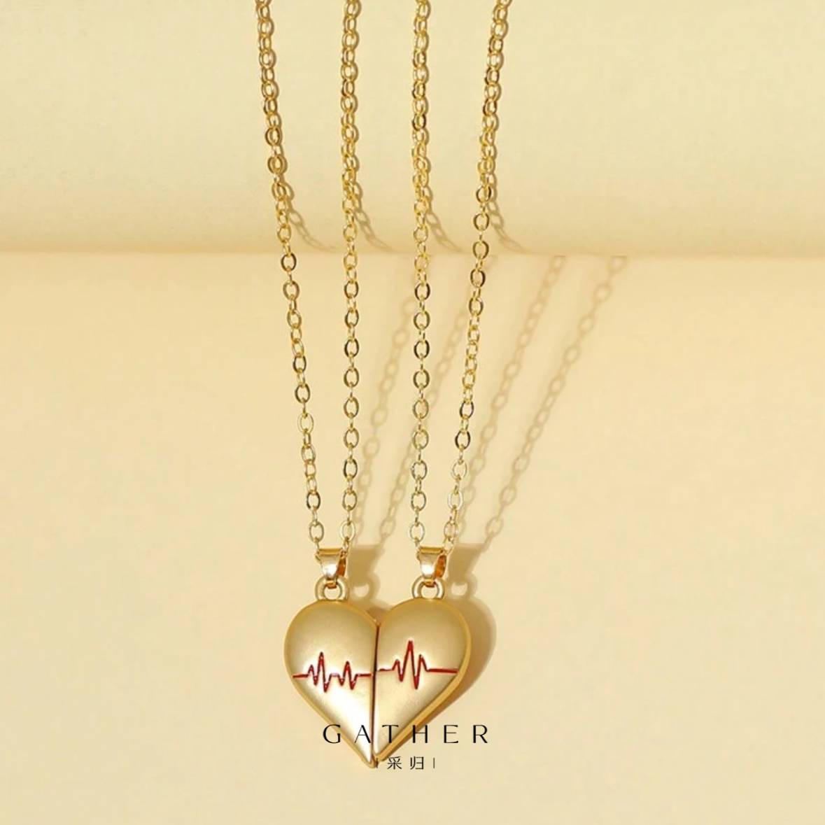 [#Heart Necklace Set] 2pcs Minimalist Magnetic Electrocardiogram Heart Necklace Set, Couple & Friendship Gift Jewelry Valentines