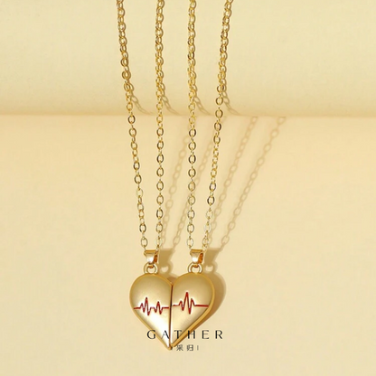 [#Heart Necklace Set] 2pcs Minimalist Magnetic Electrocardiogram Heart Necklace Set, Couple & Friendship Gift Jewelry Valentines