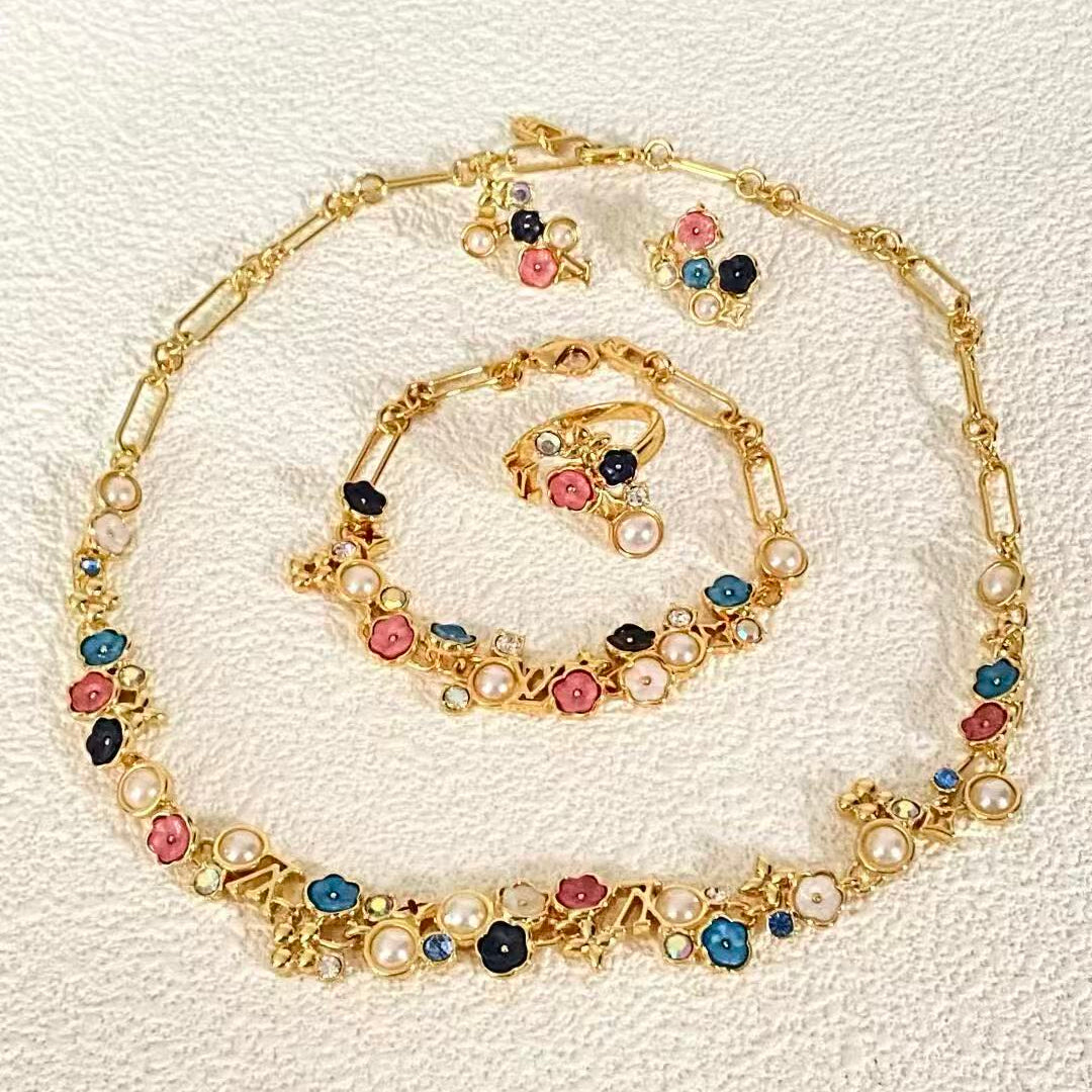 LV Flower Charm Necklace Bracelet Earrings