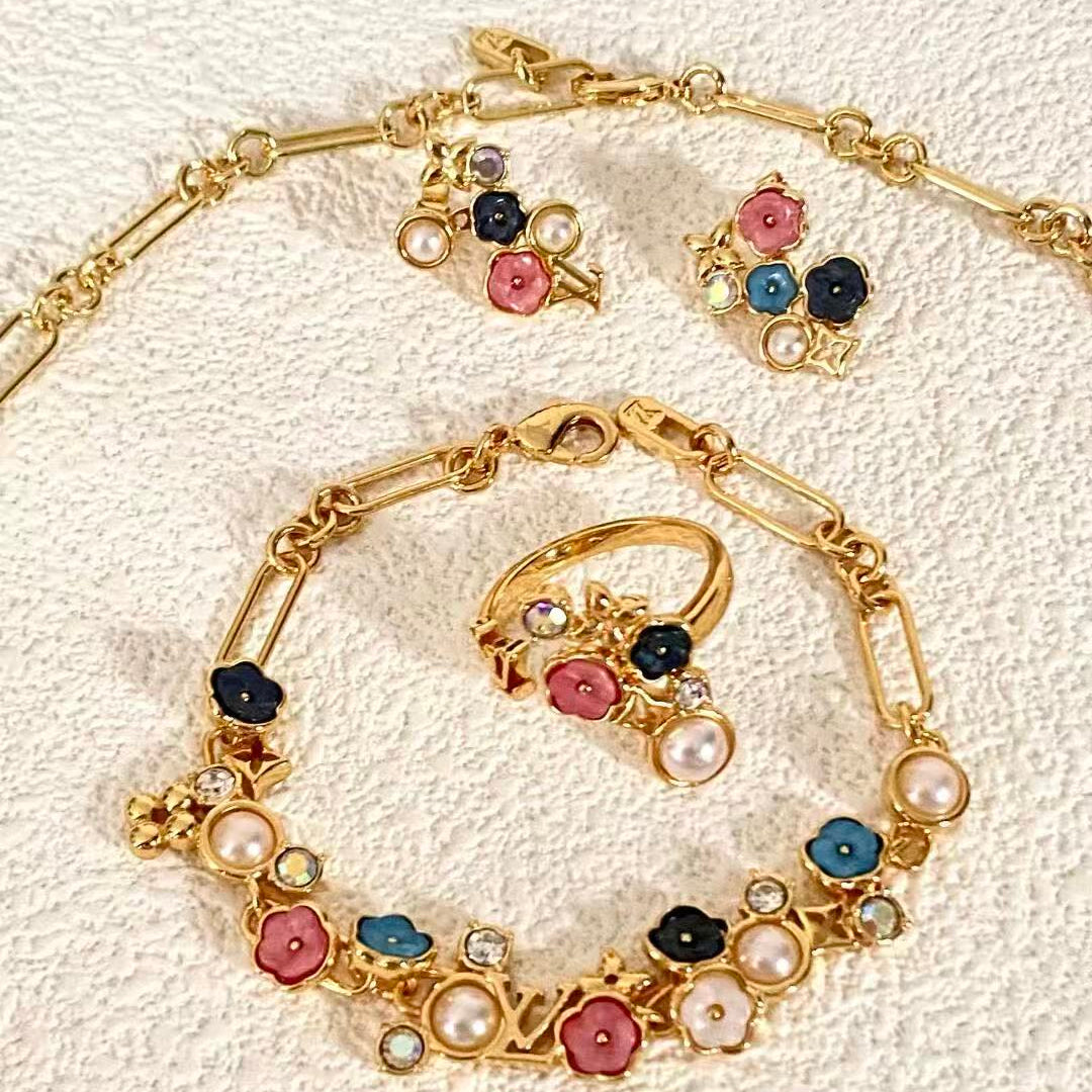 LV Flower Charm Necklace Bracelet Earrings