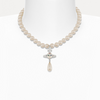 Pearl necklace with a silver clasp on a white background