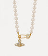 Pearl necklace with a gold and diamond pendant on a white background