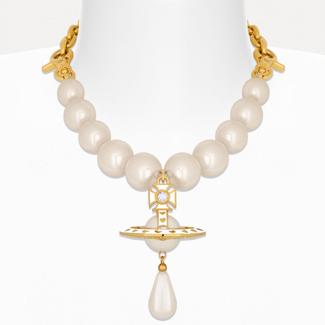 Pearl necklace with gold accents on a white background