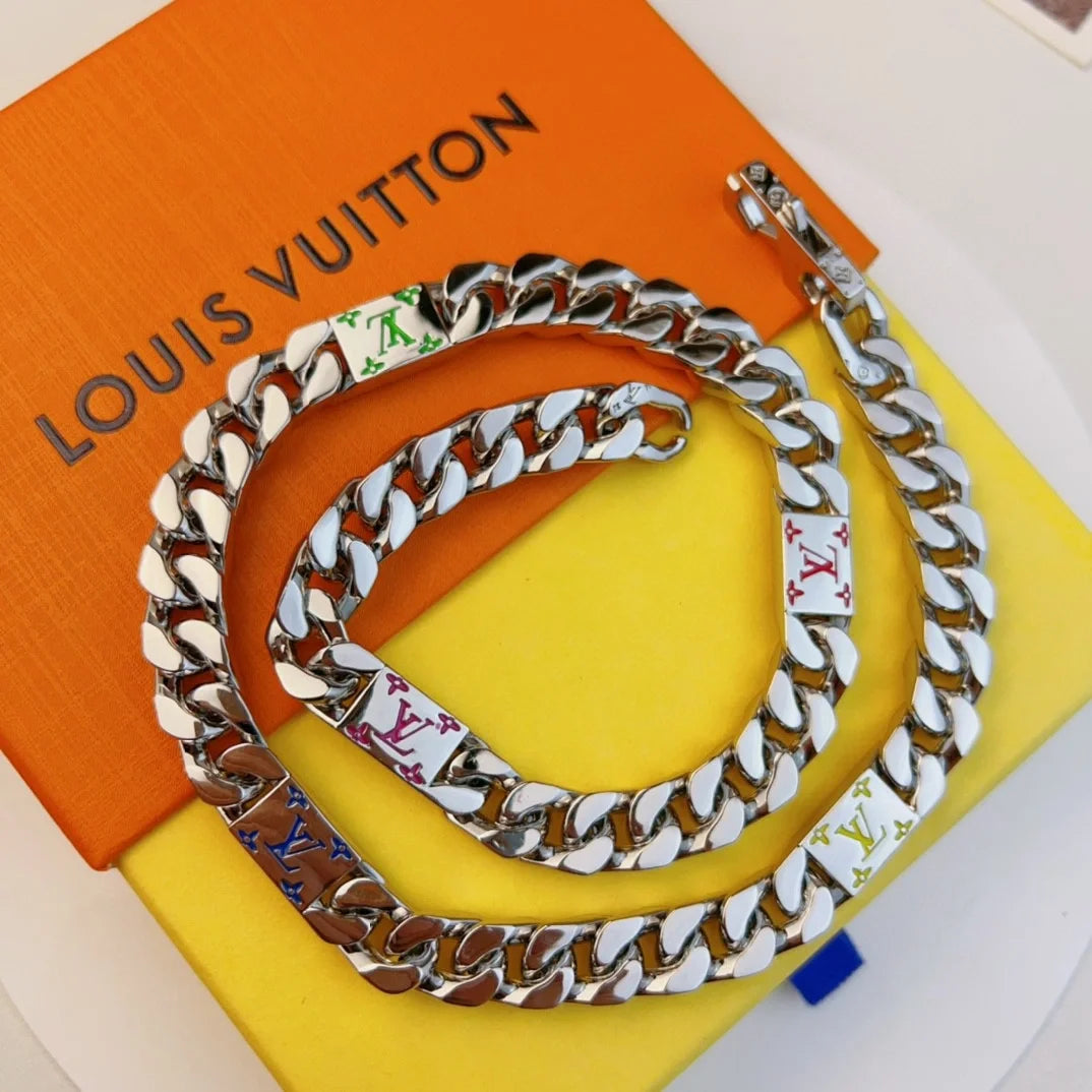 LV Monogram Tied Up Cuban Chain Necklace Bracelet
