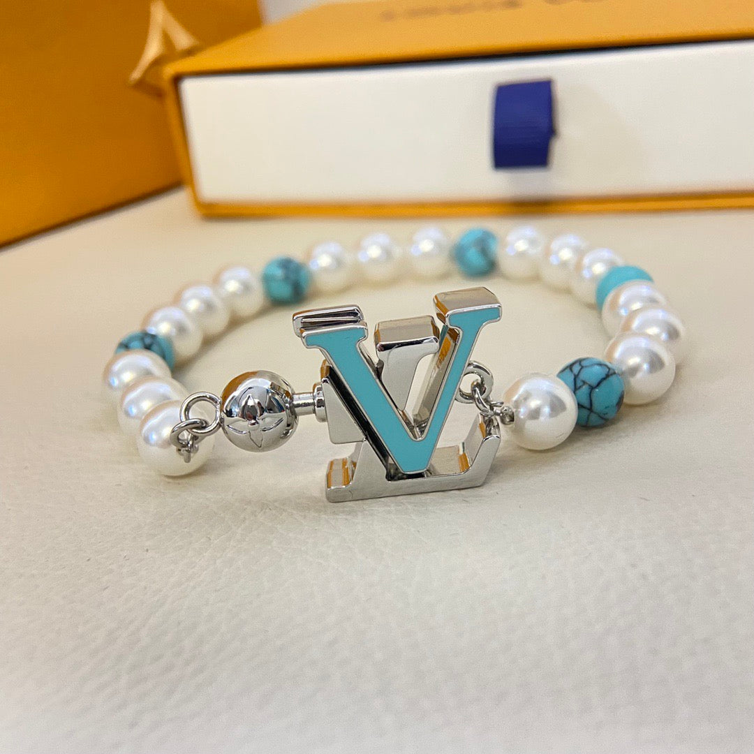 LV Pearl Blue Bead Bracelet Necklace