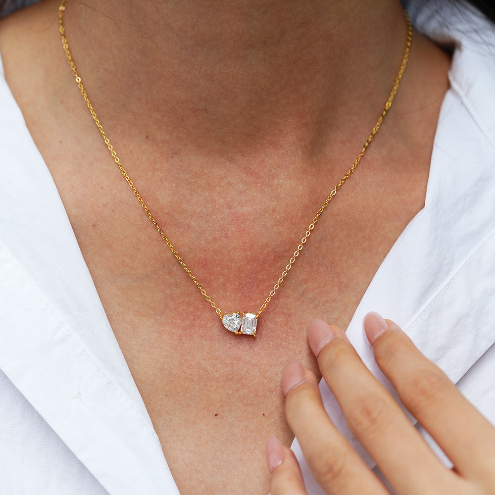 Sugar Cube Heart Moissanite Pendant Clavicle Chain Necklace