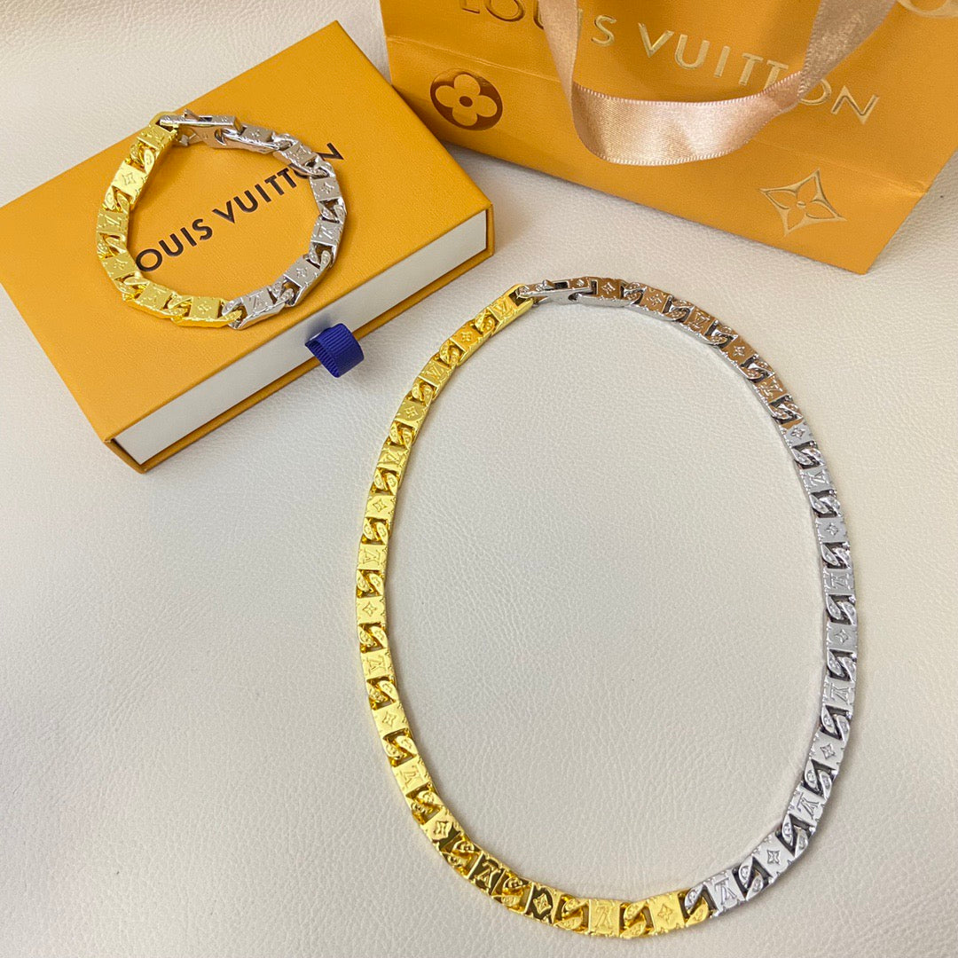 LV Square Cuban Chain Necklace Bracelet