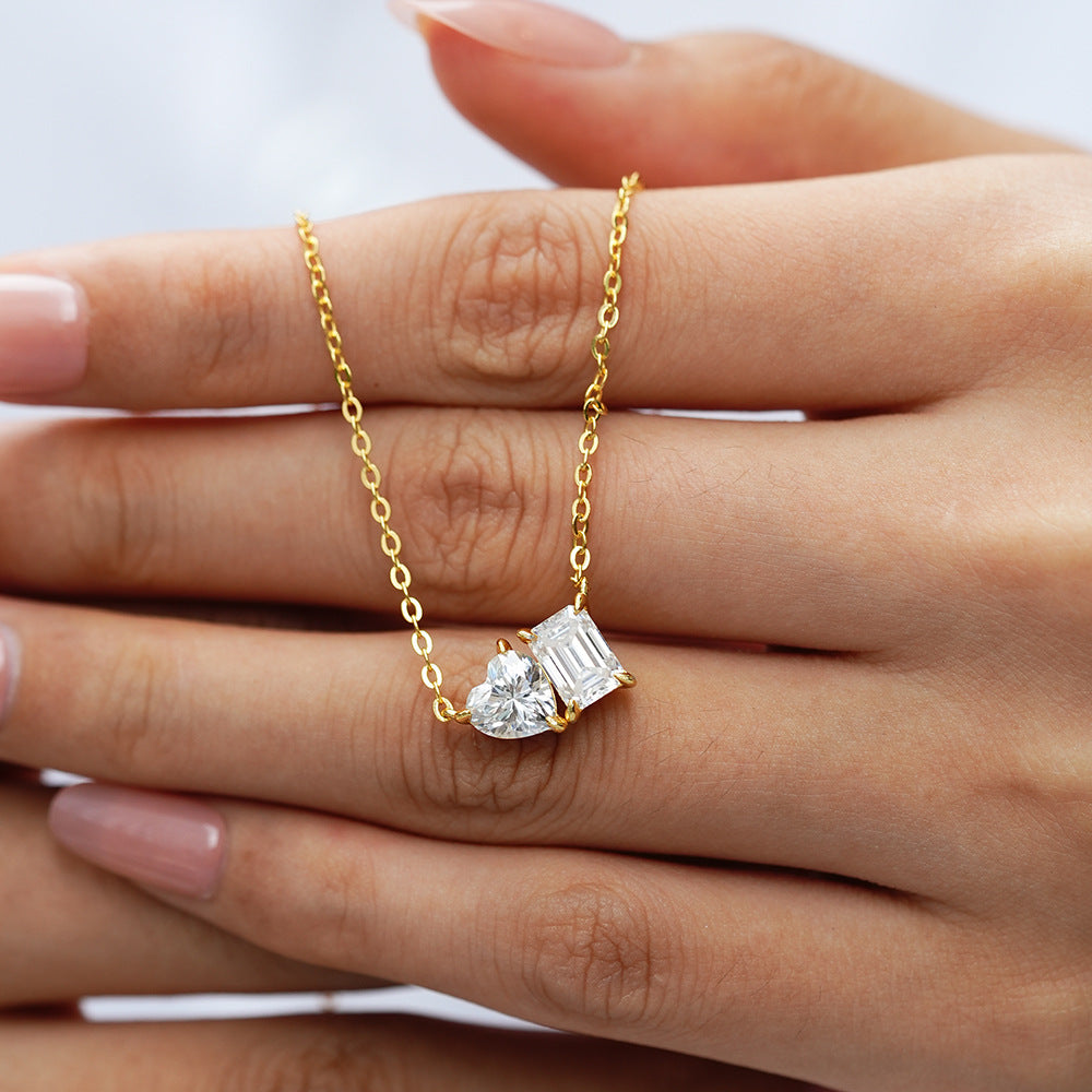 Sugar Cube Heart Moissanite Pendant Clavicle Chain Necklace