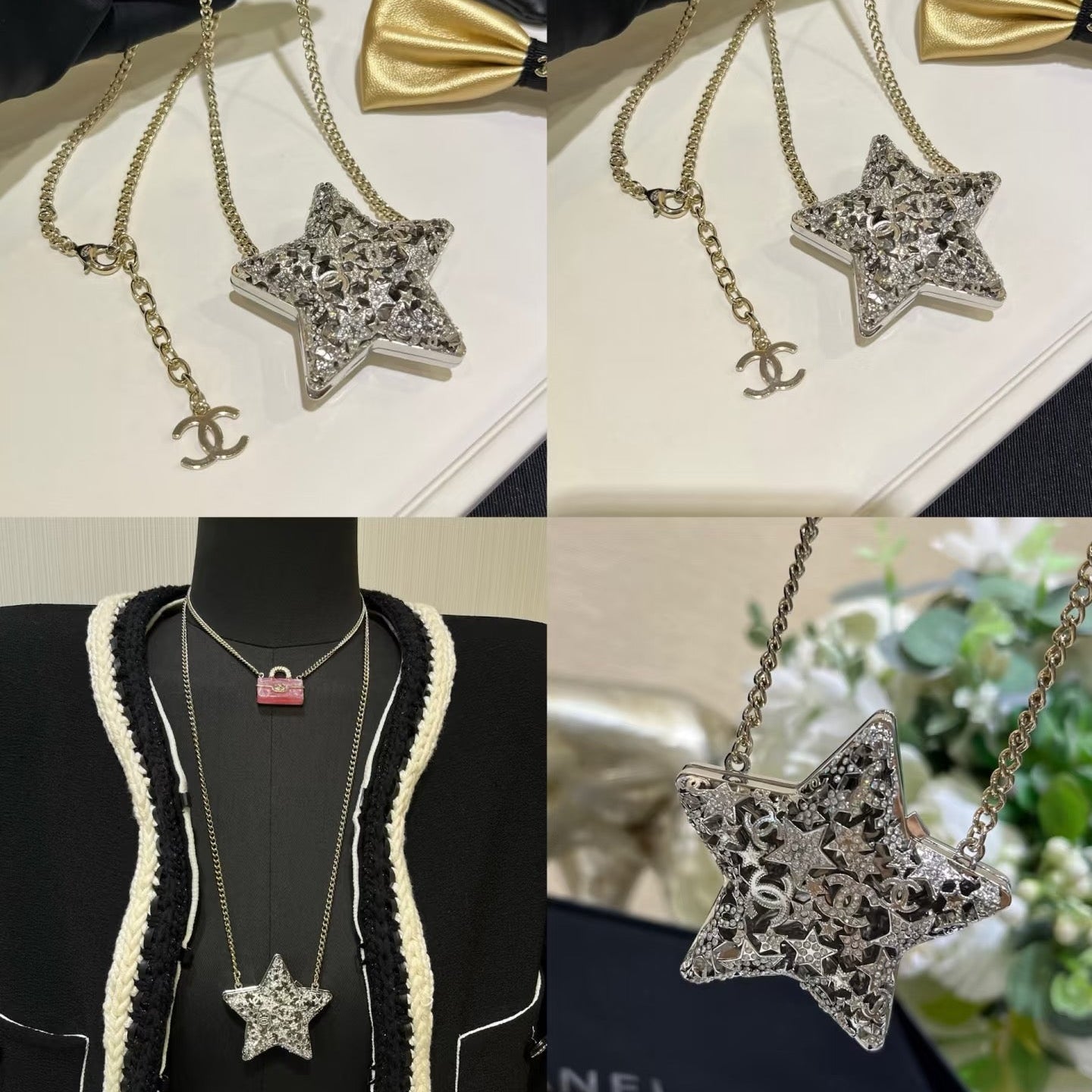 Star-shaped Chanel necklace with bow and black jacket in the background
