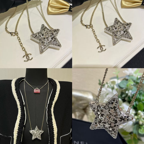 Star-shaped Chanel necklace with bow and black jacket in the background