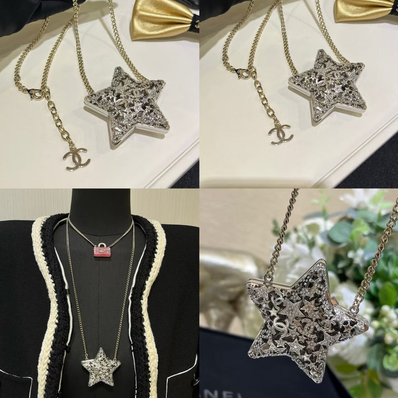 Star-shaped Chanel necklace with bow and black jacket in the background