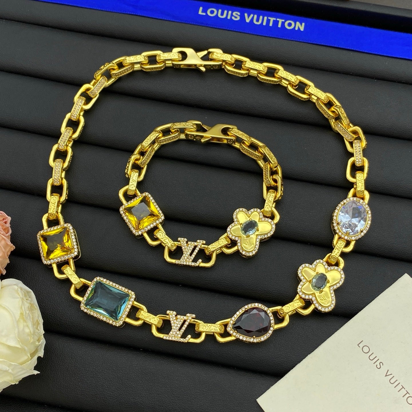 LV Diamond Cuban Chain Necklace Bracelet