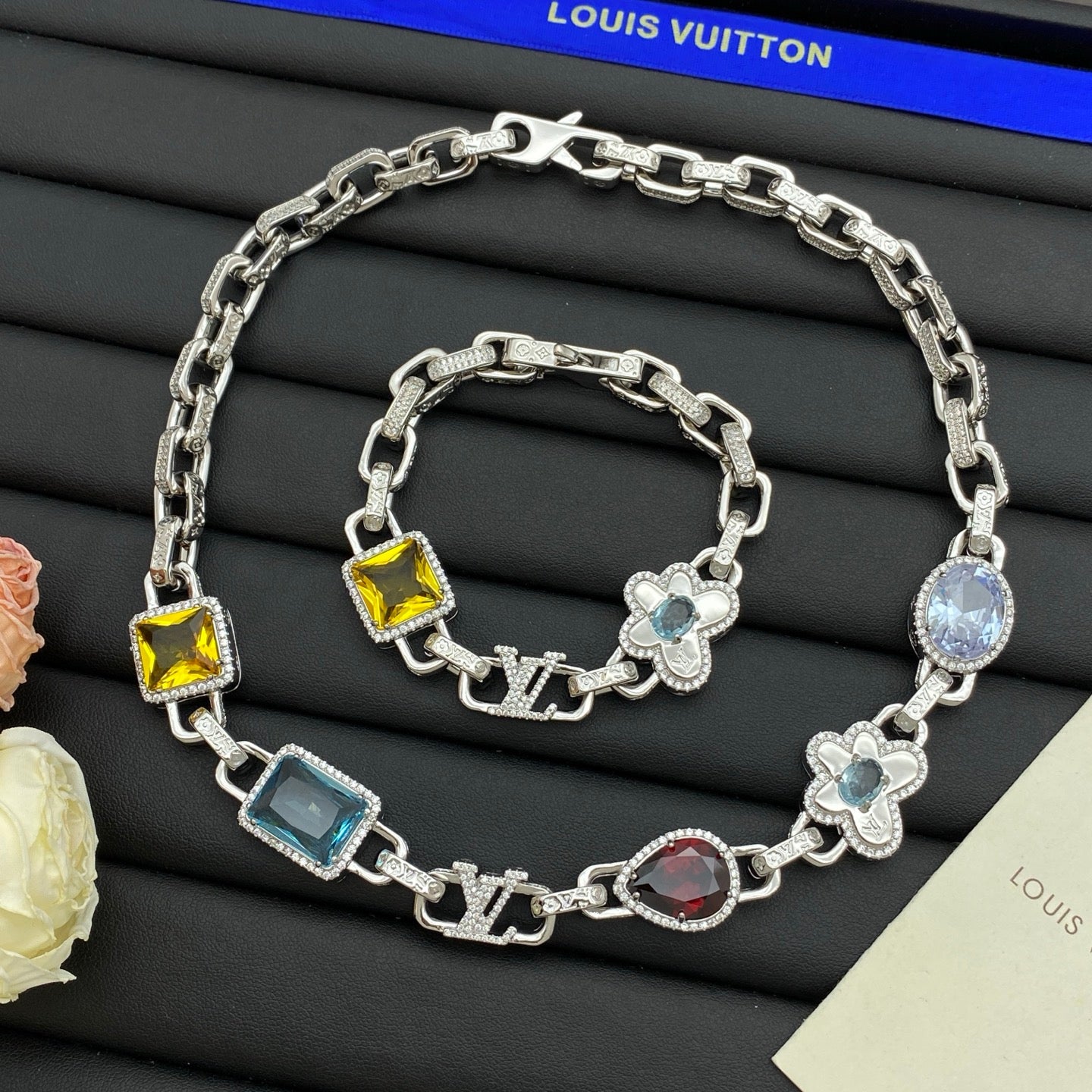 LV Diamond Cuban Chain Necklace Bracelet