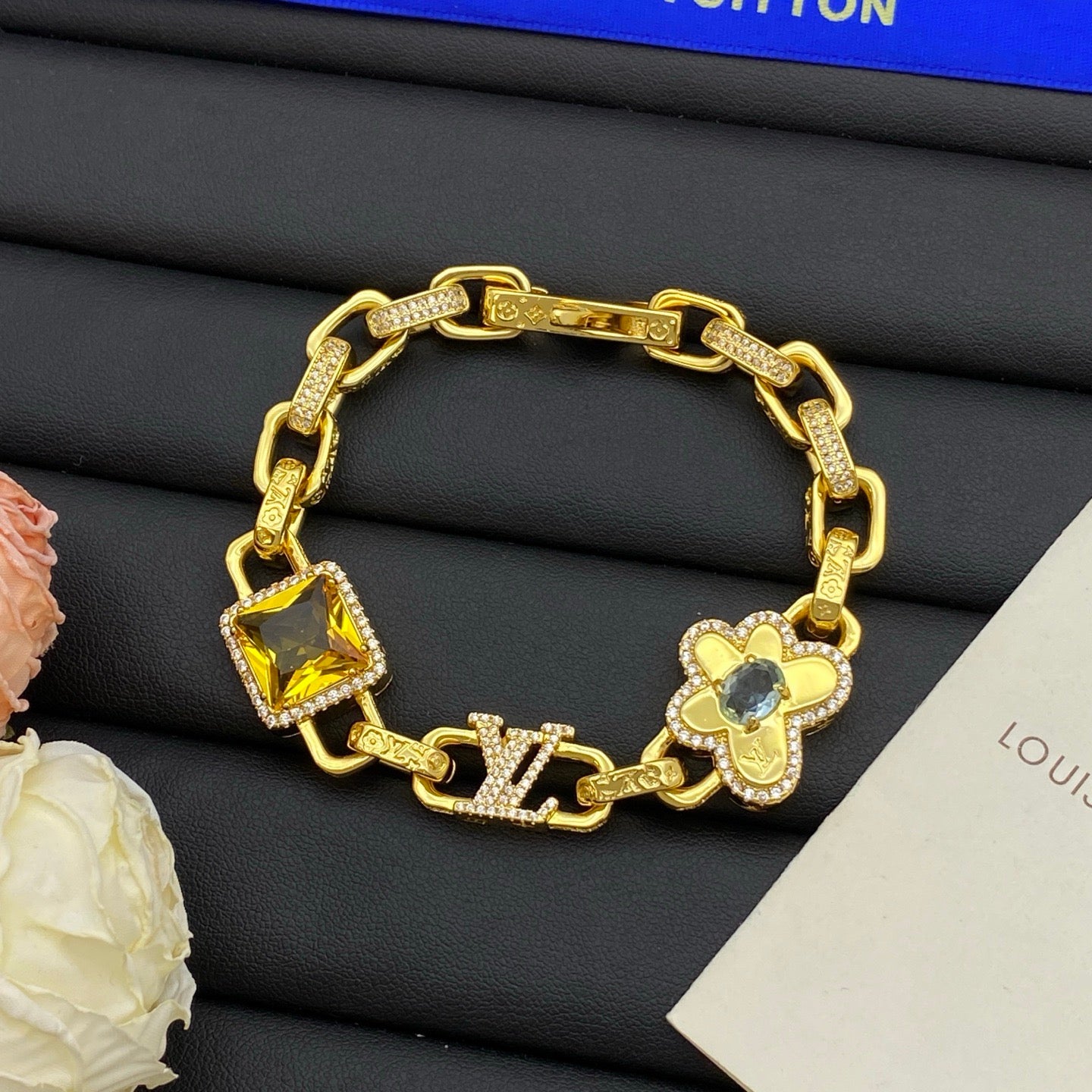 LV Diamond Cuban Chain Necklace Bracelet