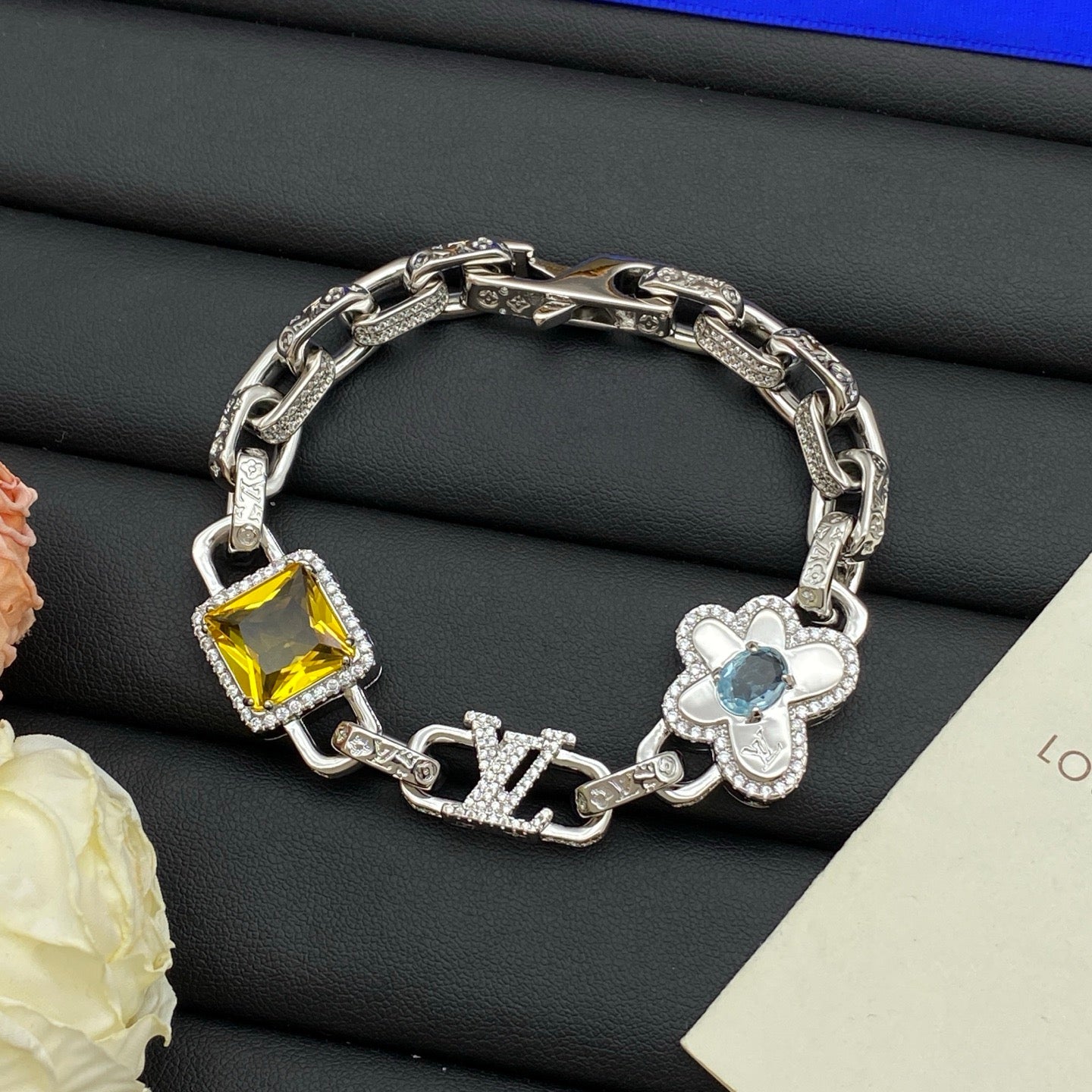 LV Diamond Cuban Chain Necklace Bracelet