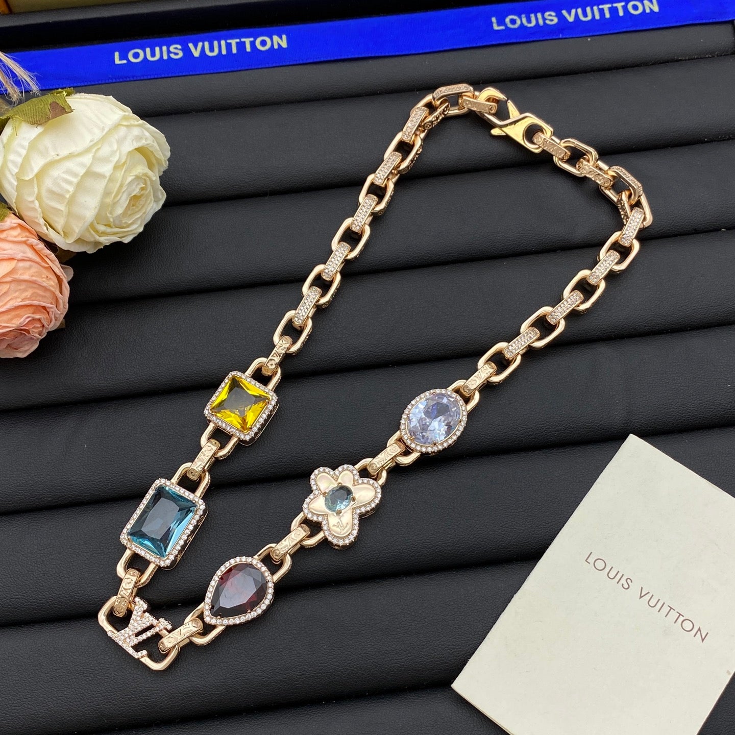 LV Diamond Cuban Chain Necklace Bracelet