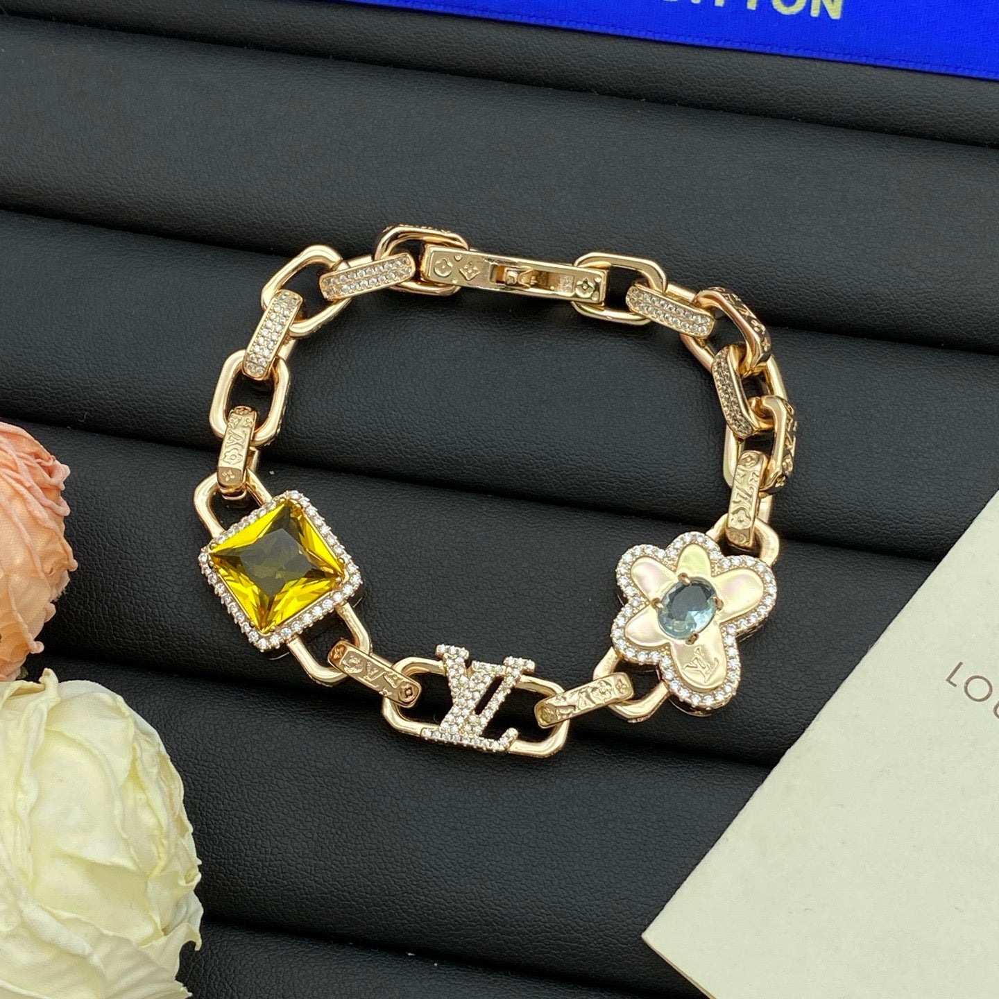 LV Diamond Cuban Chain Necklace Bracelet