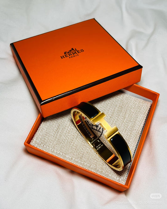 Hermes Black Leather Gold Bangle