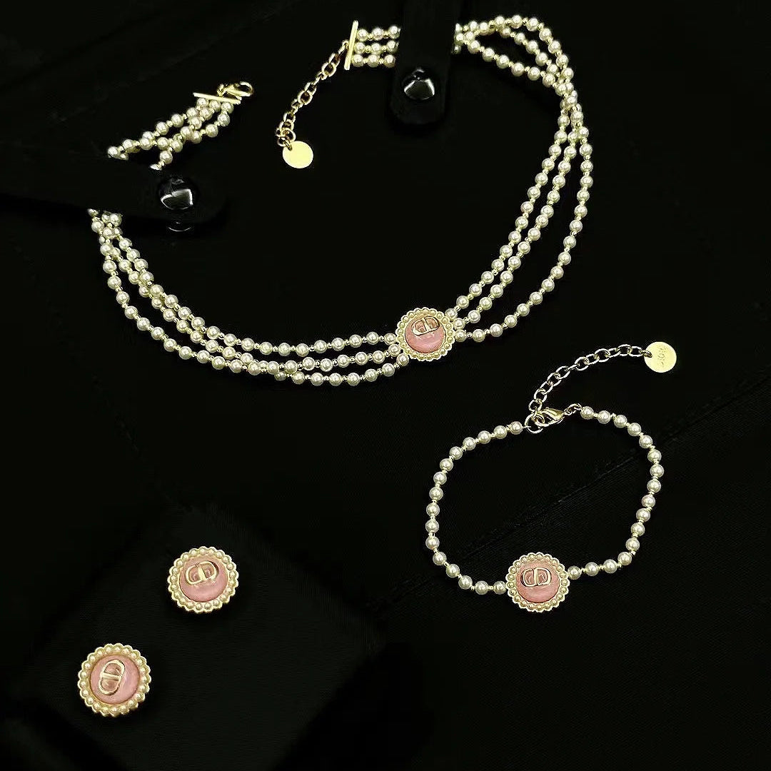 Dior Pearl Pink Candy Necklace Bracelet Earrings