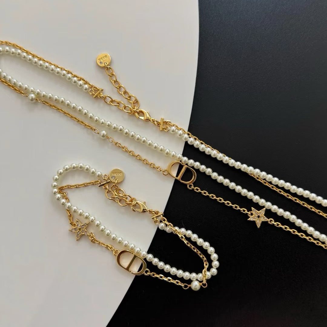 Dior Pearl Double Chain Necklace Bracelet