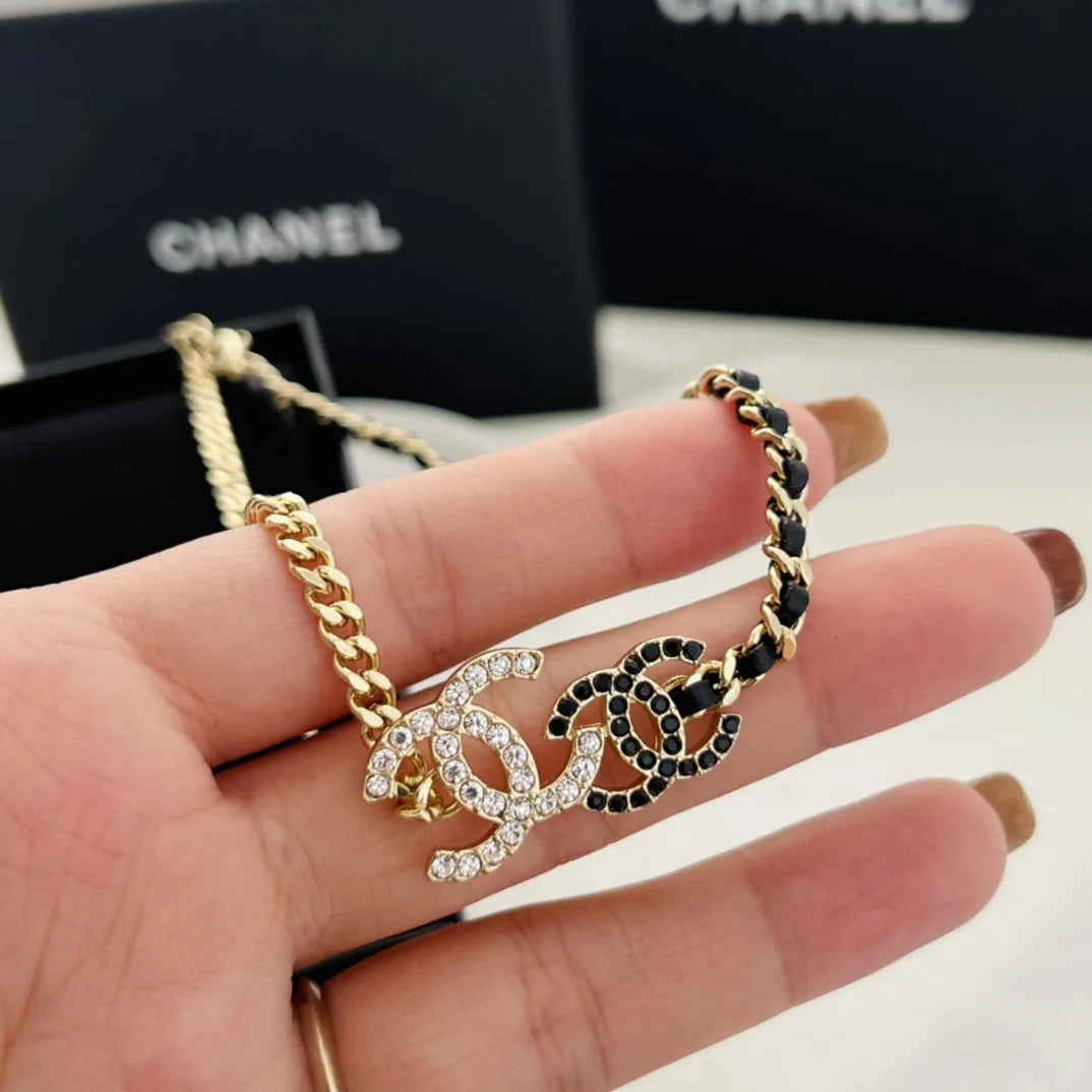 Chanel Double Logo Black Leather Necklace