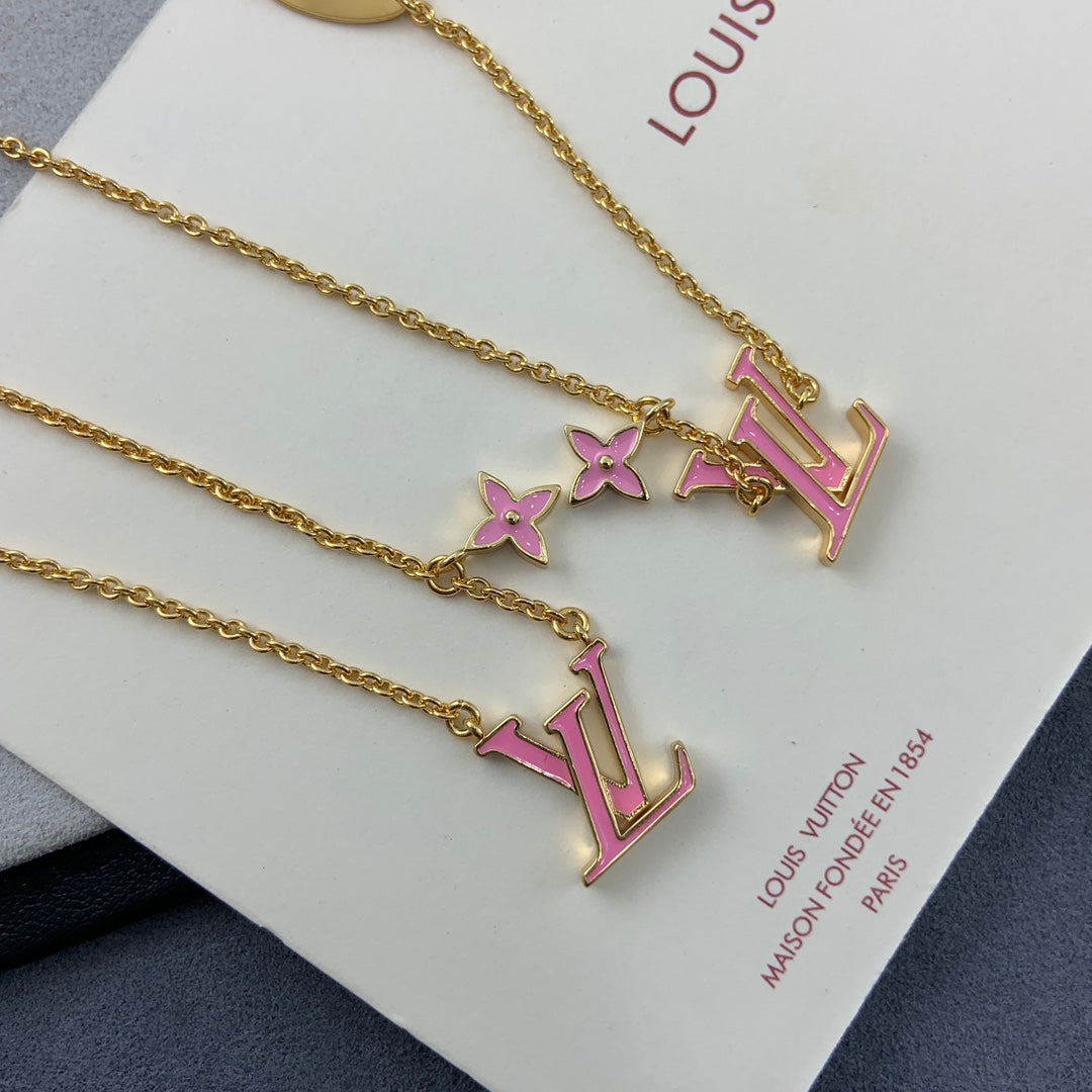 LV Pink Letter Necklace Bracelet Earrings